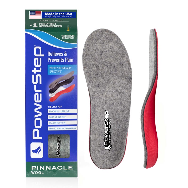 PowerStep Pinnacle Wool Orthotic Insoles Arch Support Temperature Control Insoles Plantar Fasciitis Pain Relief Mild Pronation Unisex Made in the USA Mens 775 Womens 995